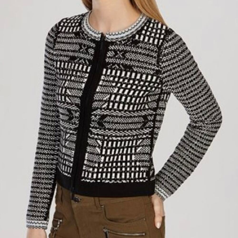 Karen Millen Embroidered Jacquard Cardigan Graphic Pattern Zip Sweater NWT Sz 4